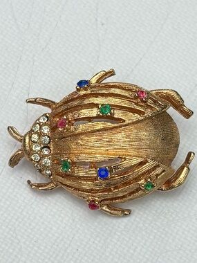 Gold-Tone Beetle Brooch with Multicolor Rhinestones